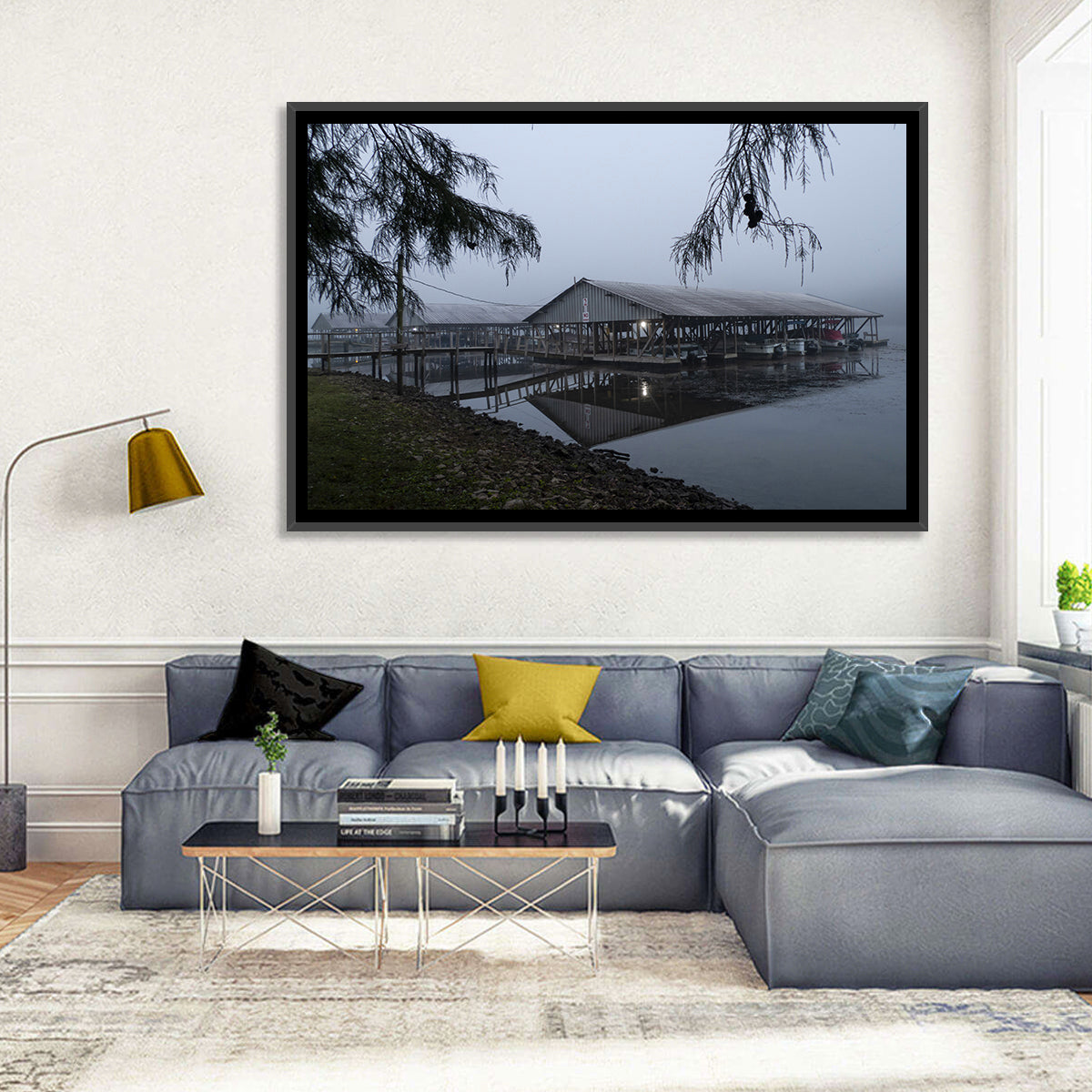 Ozark Beach Resort Boathouse Wall Art in a room, landscape