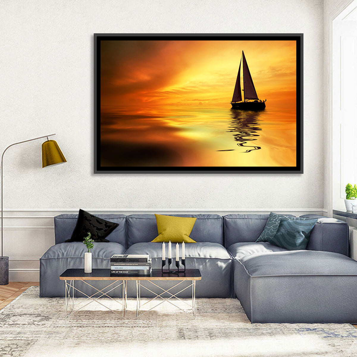 Golden Hour Sailboat Silhouette Wall Art in a room, landscape