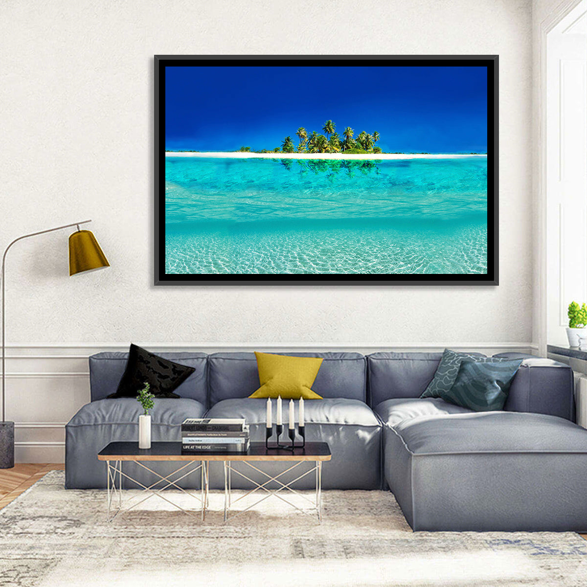 Tranquil Split-level Tropical Island Seascape Wall Art in a room, landscape
