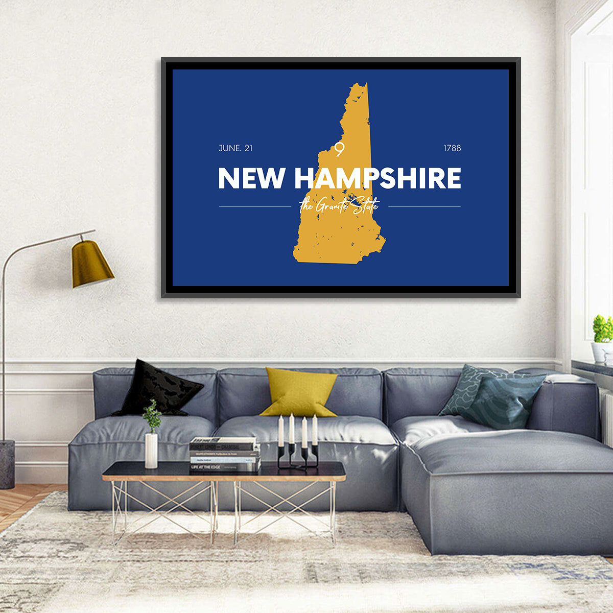 New Hampshire State Map, Blue and Gold Wall Art in a room, landscape
