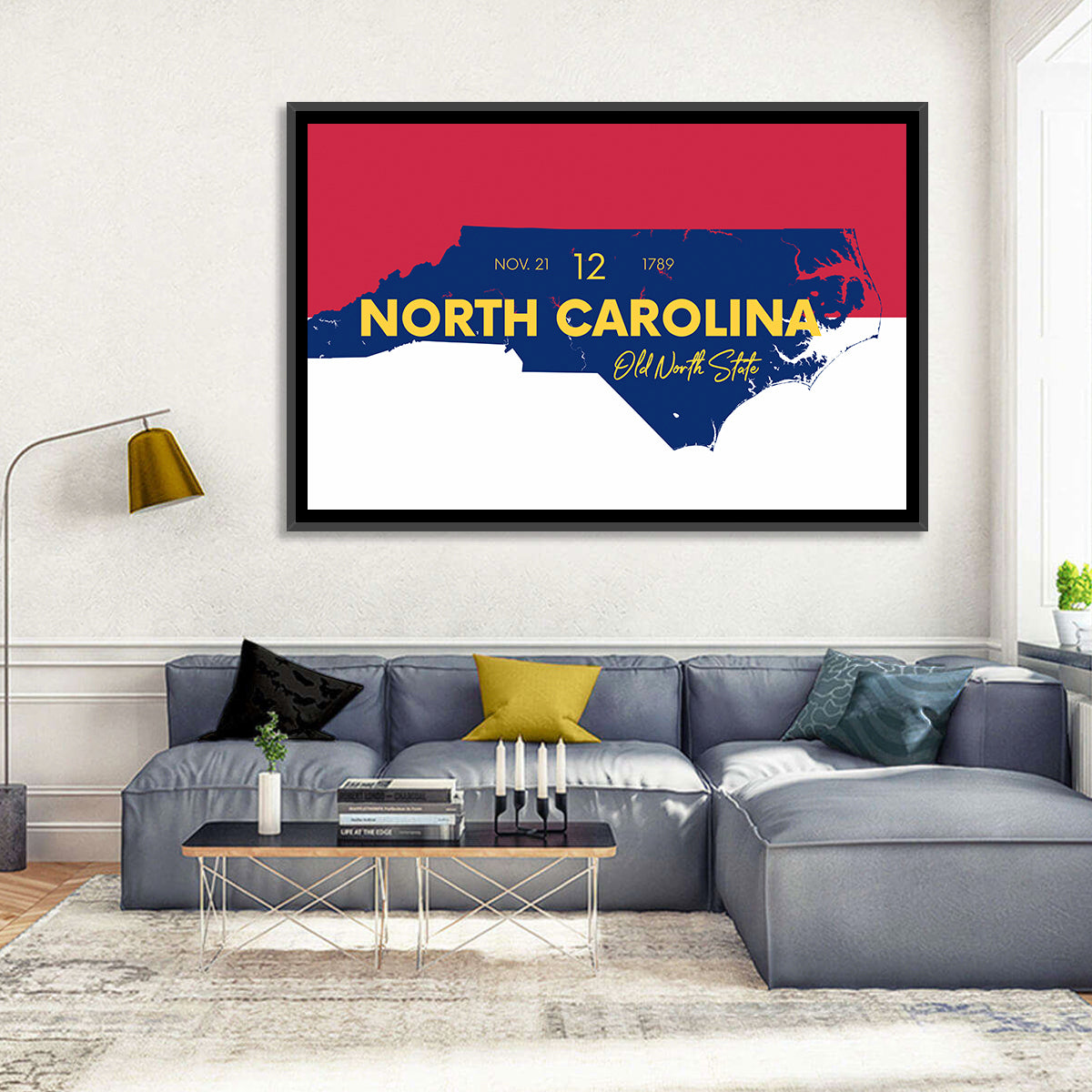 North Carolina Typographic Map Wall Art in a room, landscape