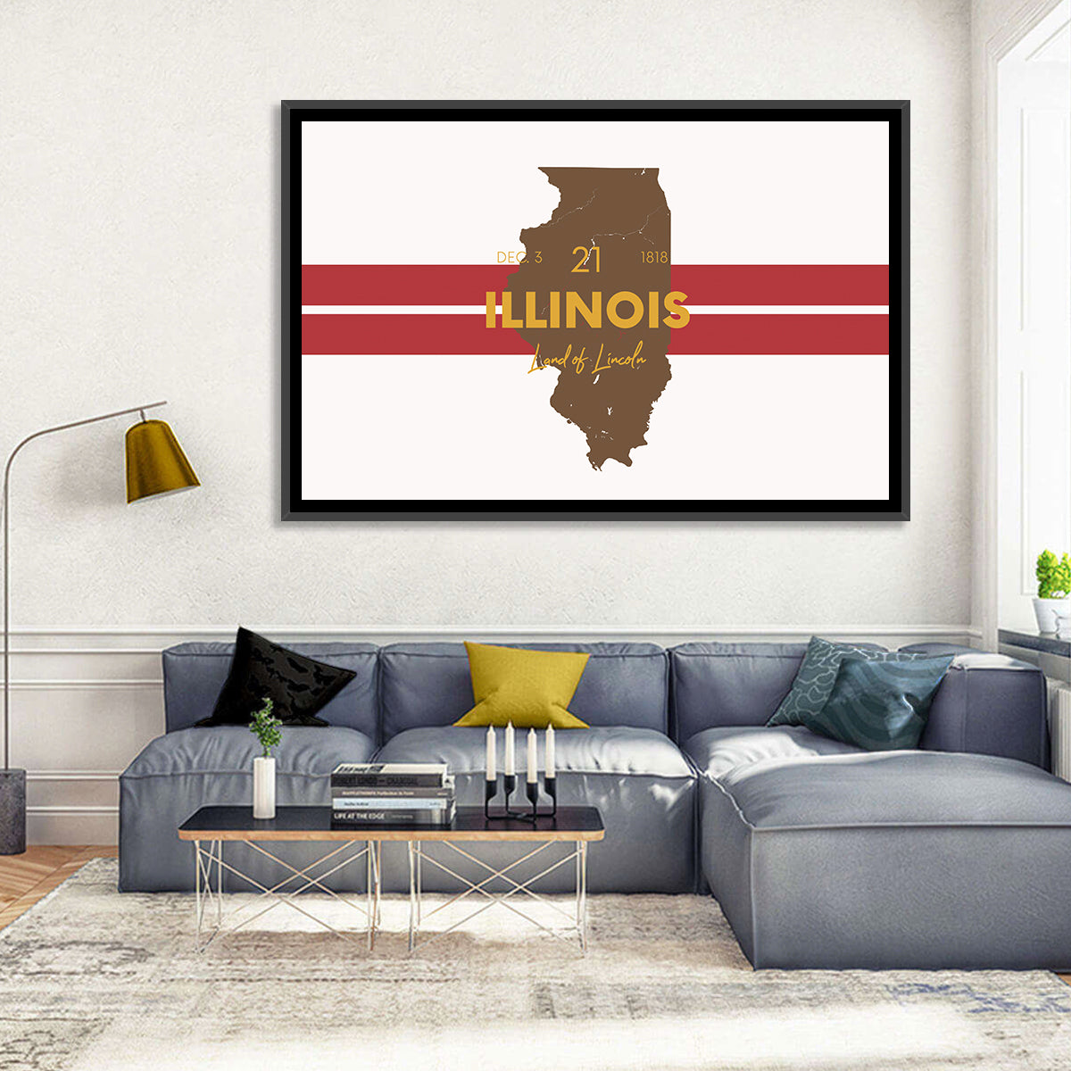 Illinois Map Land of Lincoln Wall Art in a room, landscape