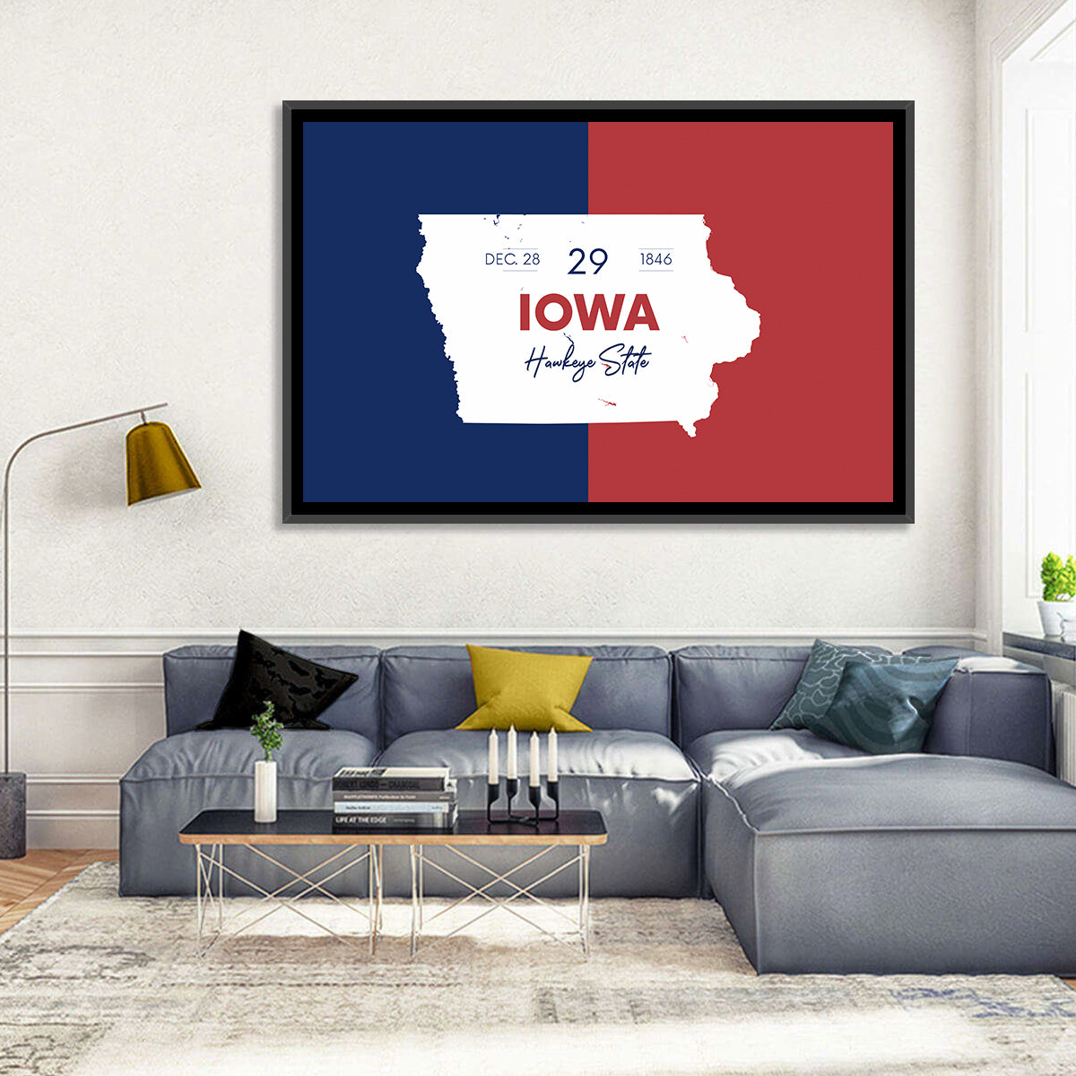 Hawkeye State Map Typography Wall Art in a room, landscape