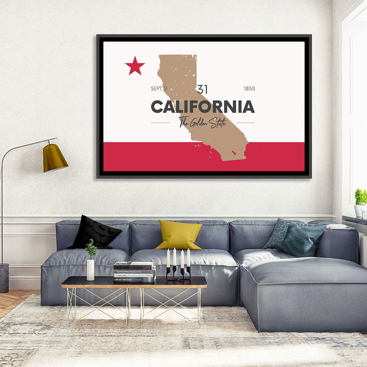 California Map with Red Star Wall Art in a room, landscape