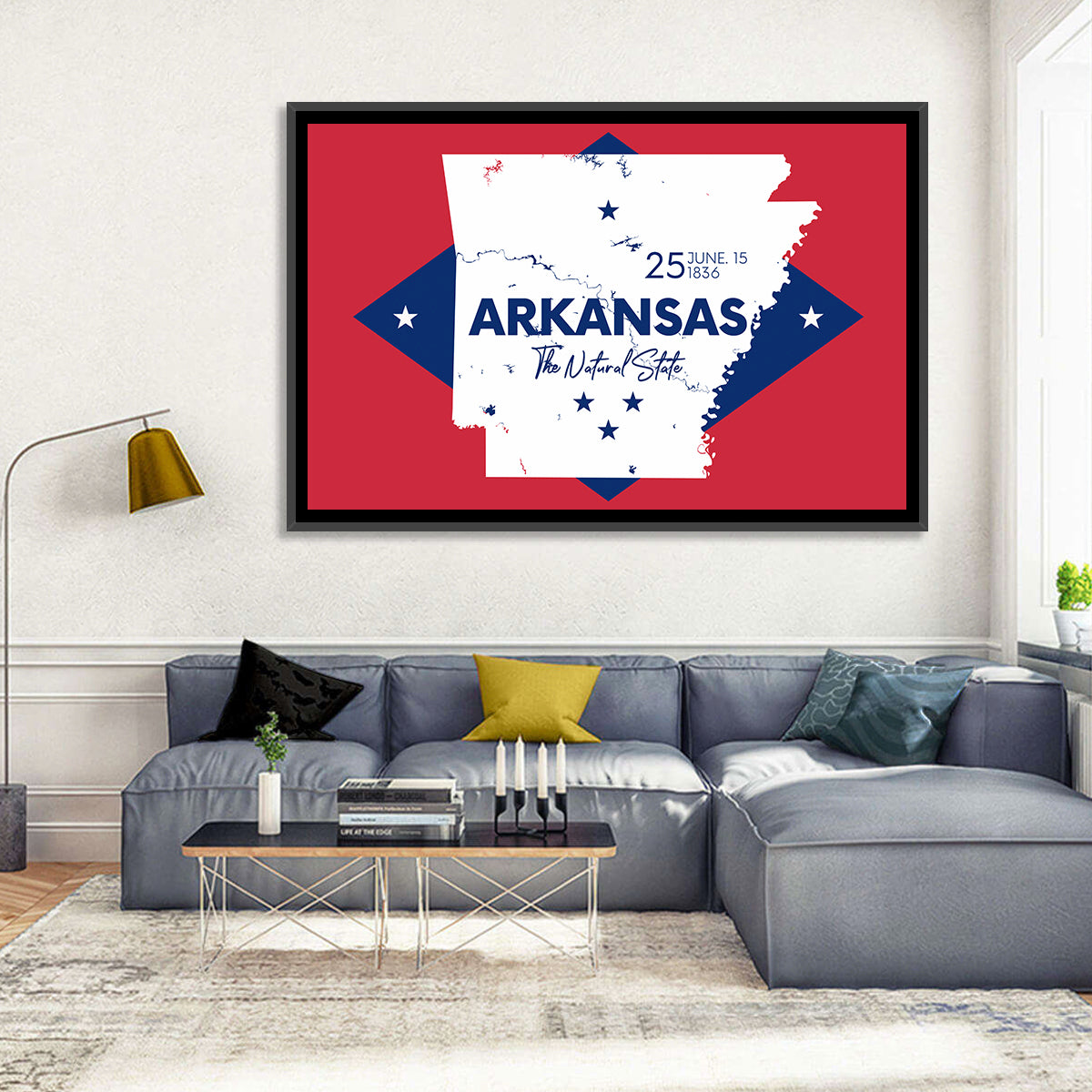 Patriotic Arkansas Map Wall Art in a room, landscape