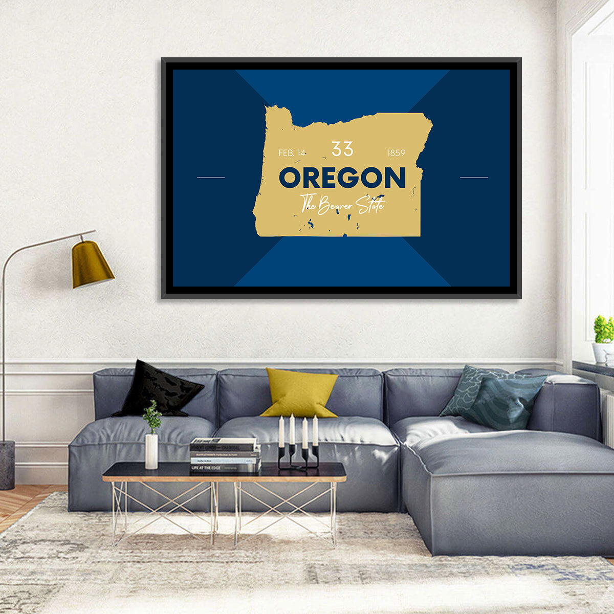 Oregon Typographic Map Wall Art in a room, landscape