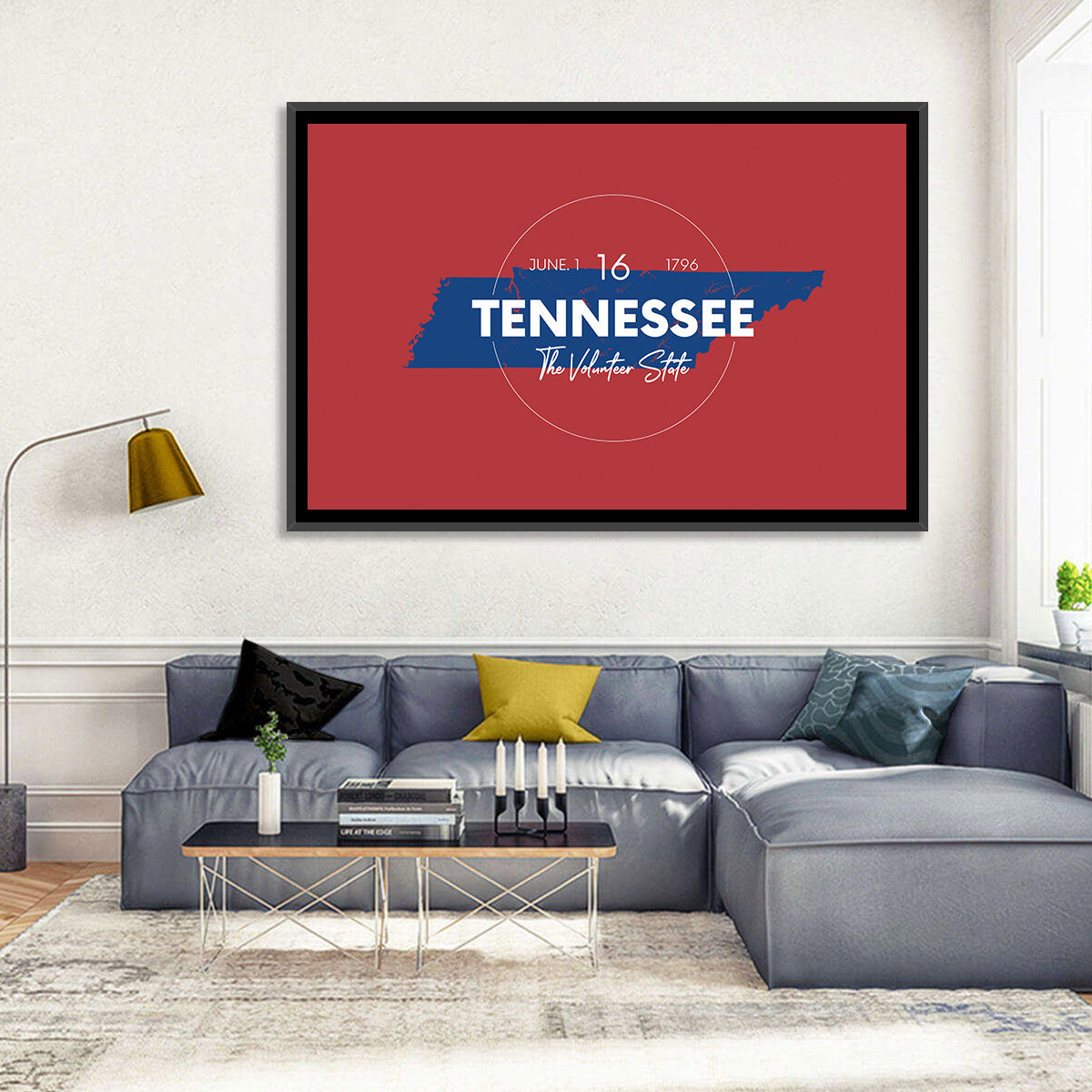 Tennessee Typographic Map Wall Art in a room, landscape