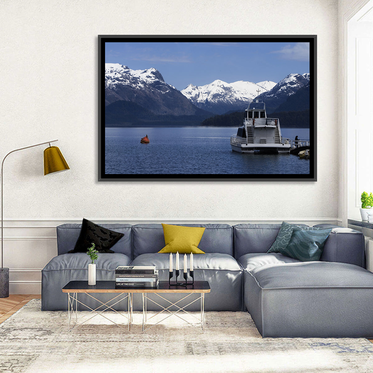 Lake Nahuel Huapi Catamaran and Snow-capped Mountains Wall Art in a room, landscape