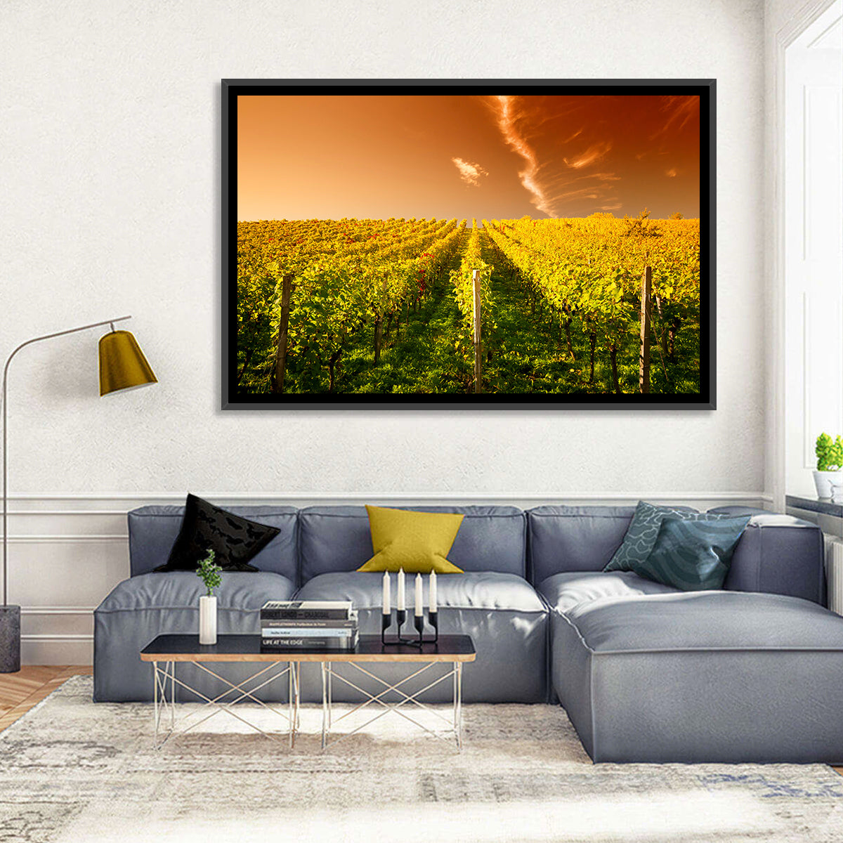 Golden Vineyard Sunset Wall Art in a room, landscape
