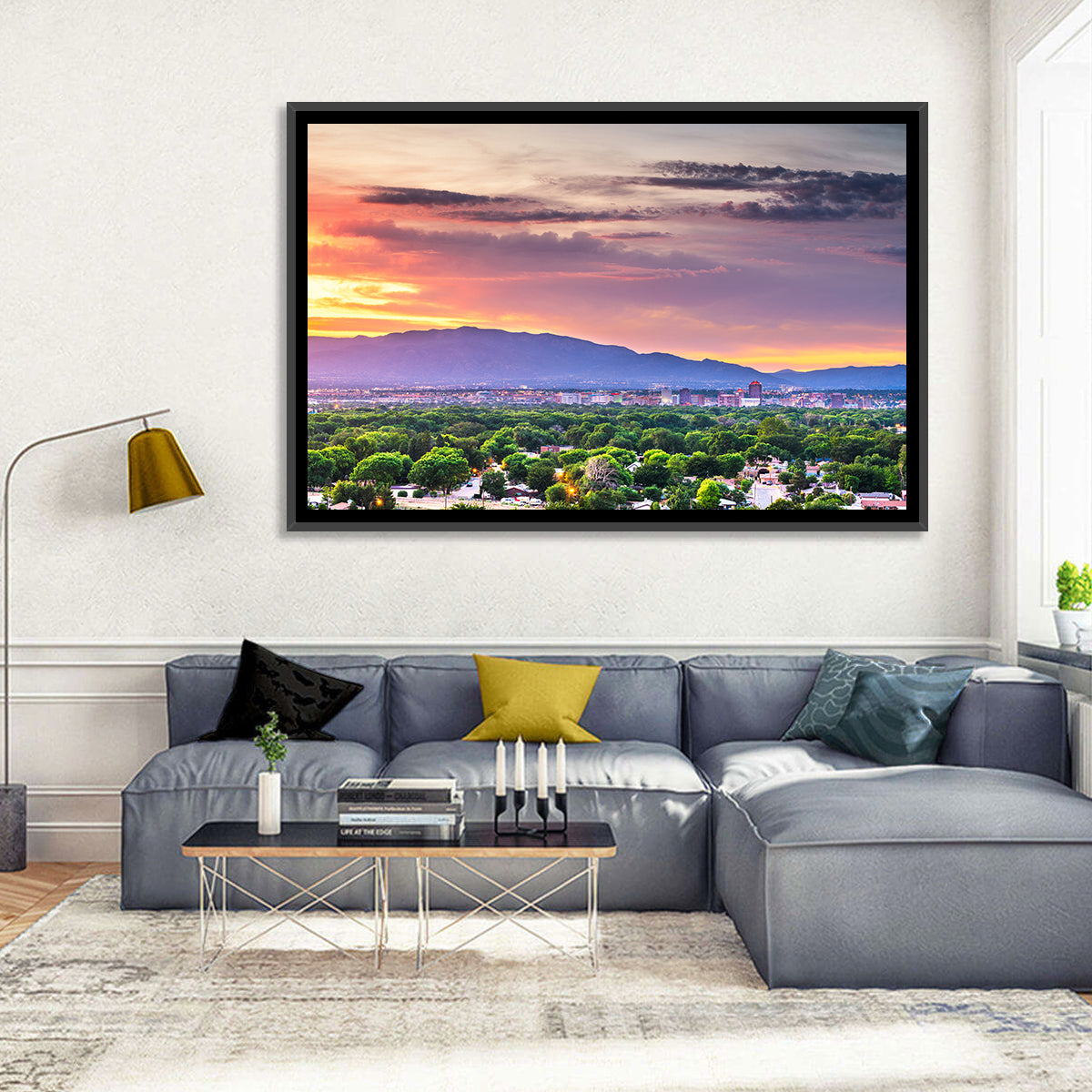 Albuquerque Skyline at Dusk Wall Art in a room, landscape