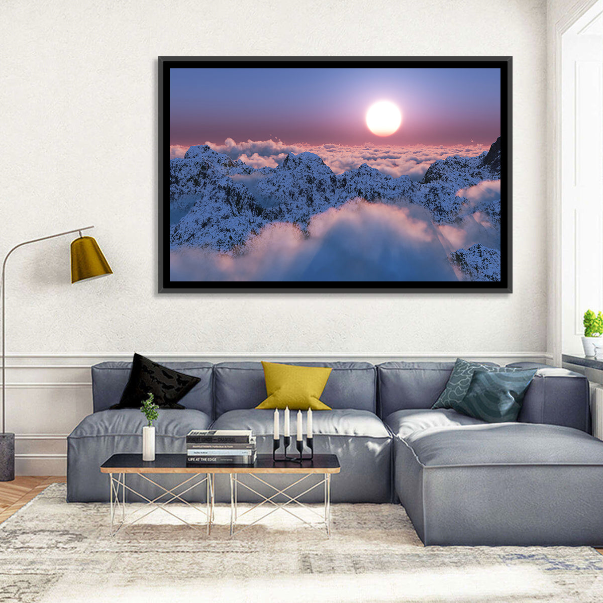 Sunset Above Snowy Mountains Wall Art in a room, landscape