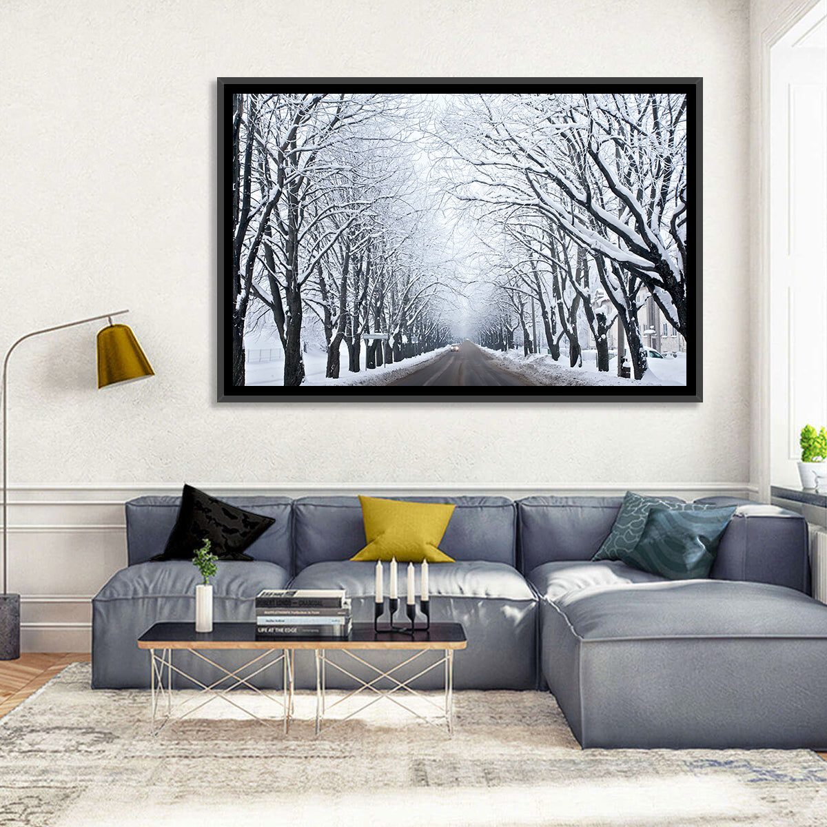 Snowy Road with Distant Headlights Wall Art in a room, landscape