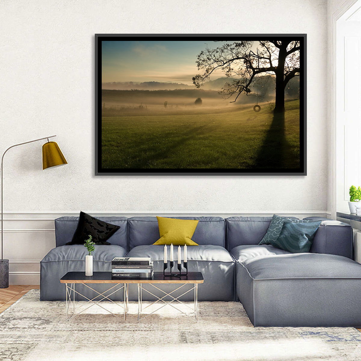 Tire Swing in Morning Mist Wall Art in a room, landscape