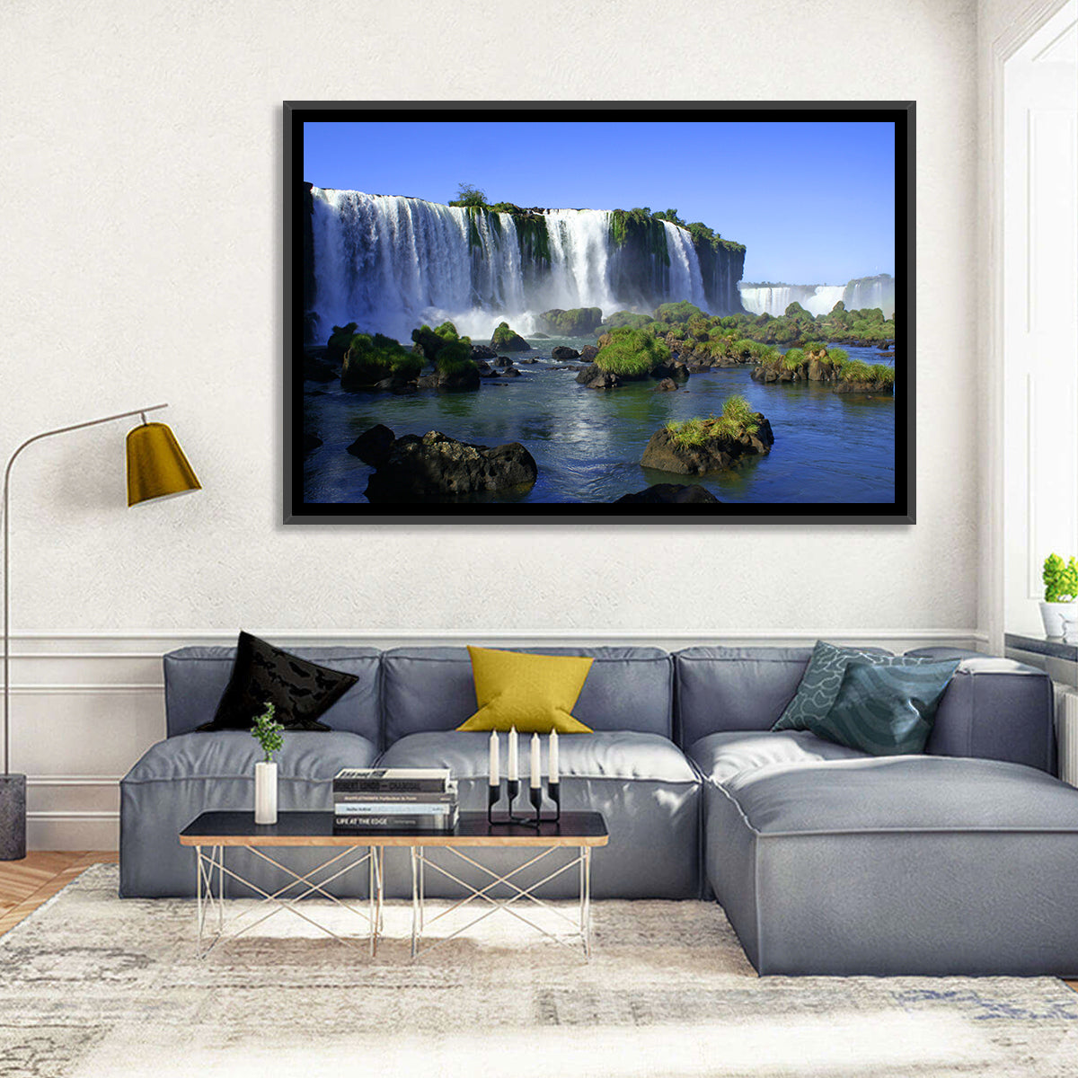Iguazu Falls Mossy Rocks Wall Art in a room, landscape