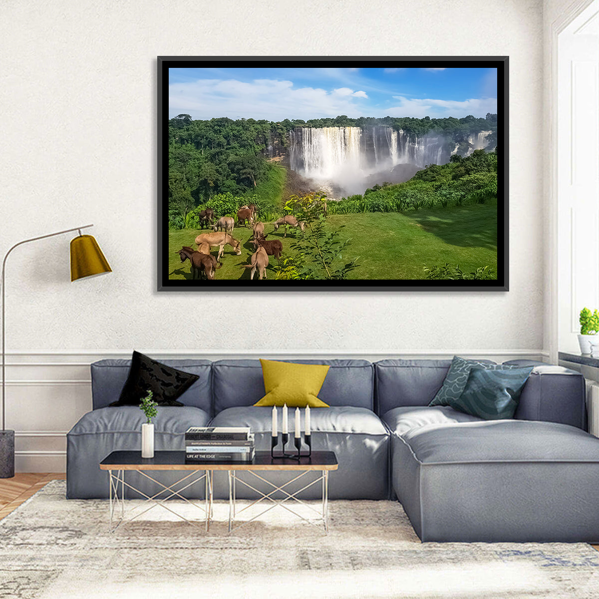 Kalandula Falls and Grazing Donkeys Wall Art in a room, landscape