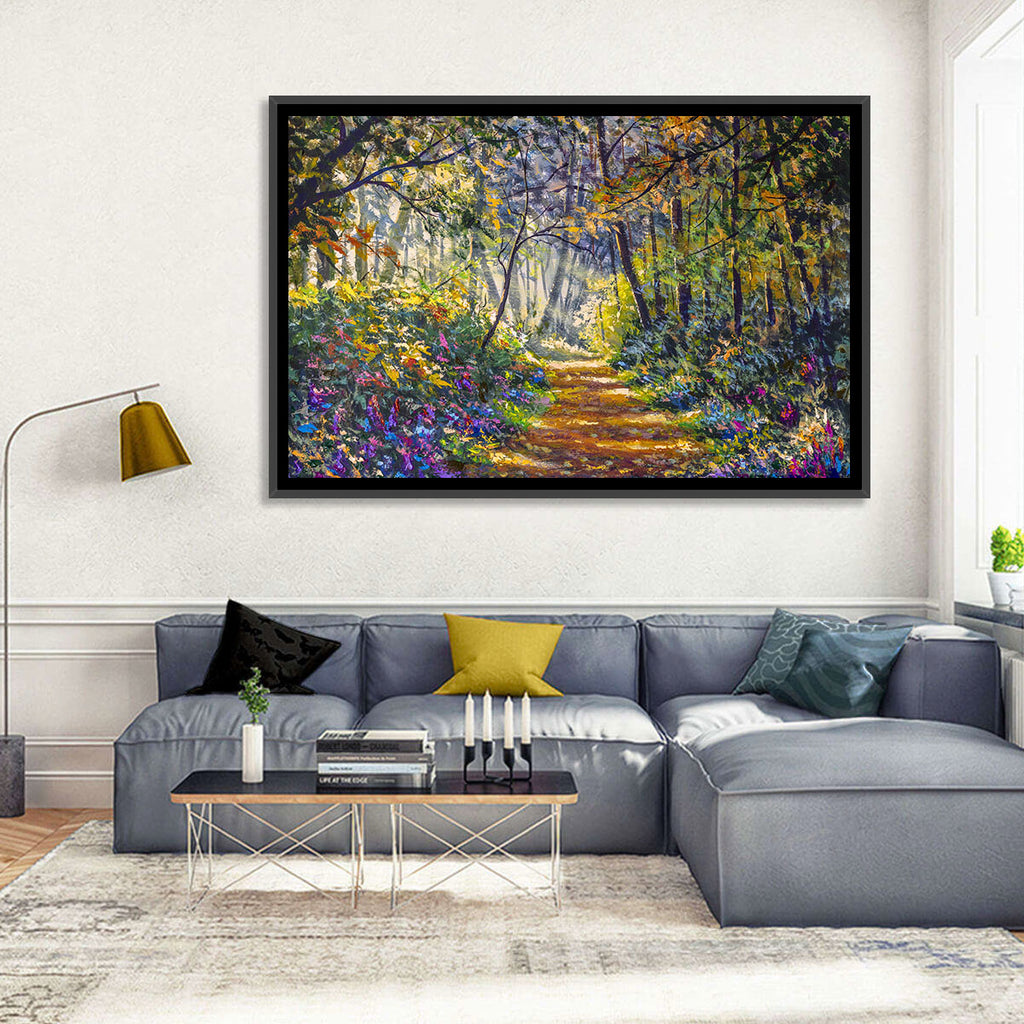 Sunlit Forest Path with Wildflowers Wall Art