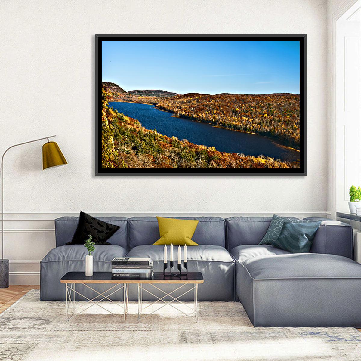 Lake of the Clouds Golden Hour Wall Art in a room, landscape