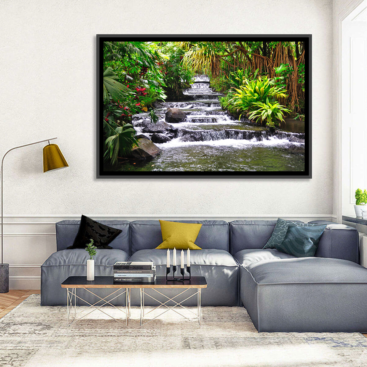 Tabacon Tiered Hot Springs Waterfall Wall Art in a room, landscape