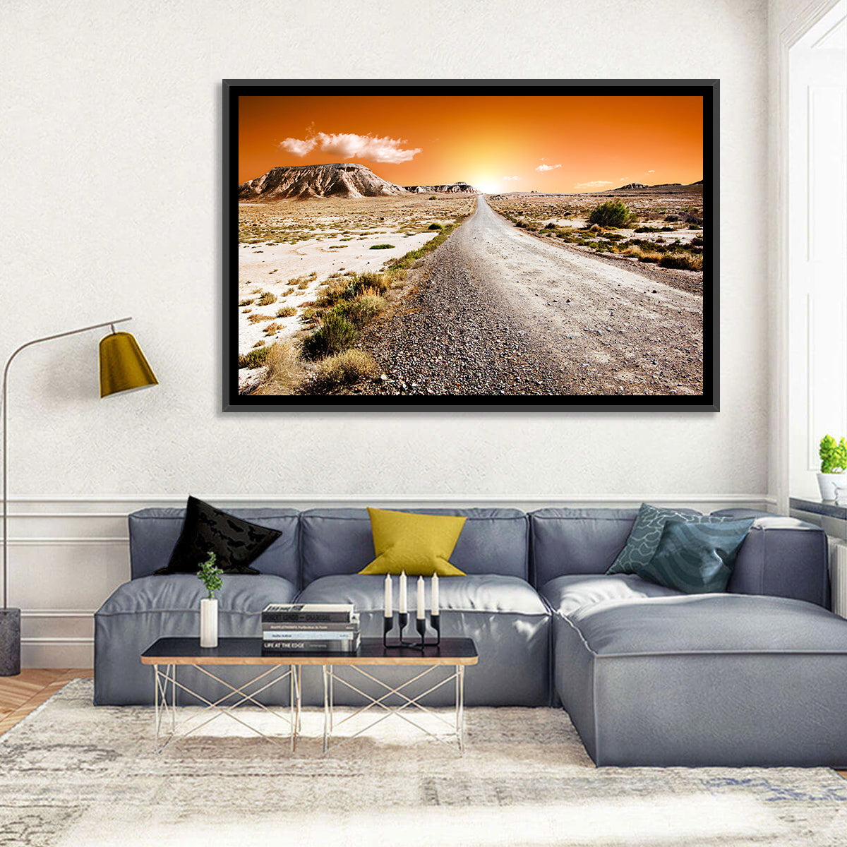 Infinite Desert Road Wall Art in a room, landscape