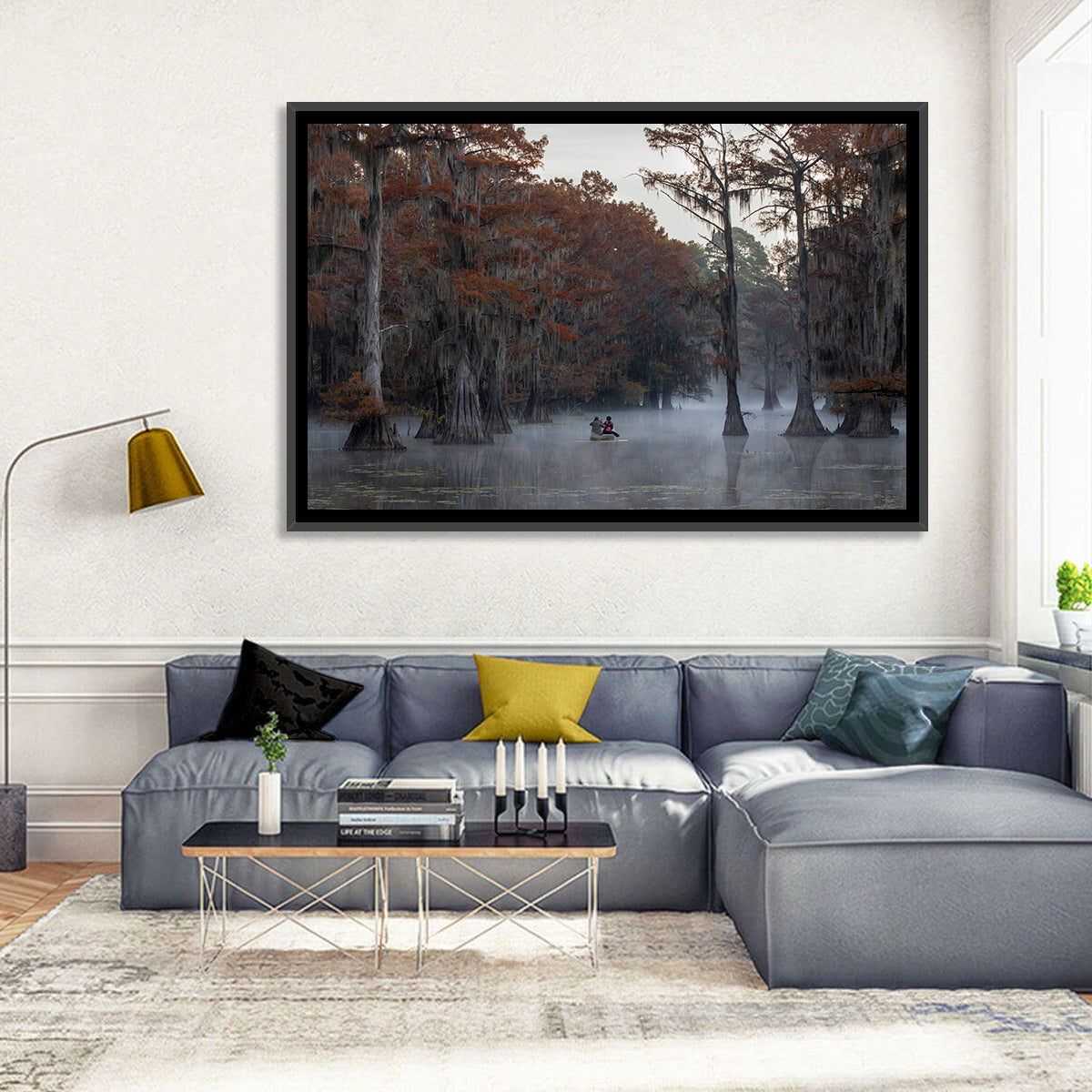 Caddo Lake Morning Mist Wall Art in a room, landscape