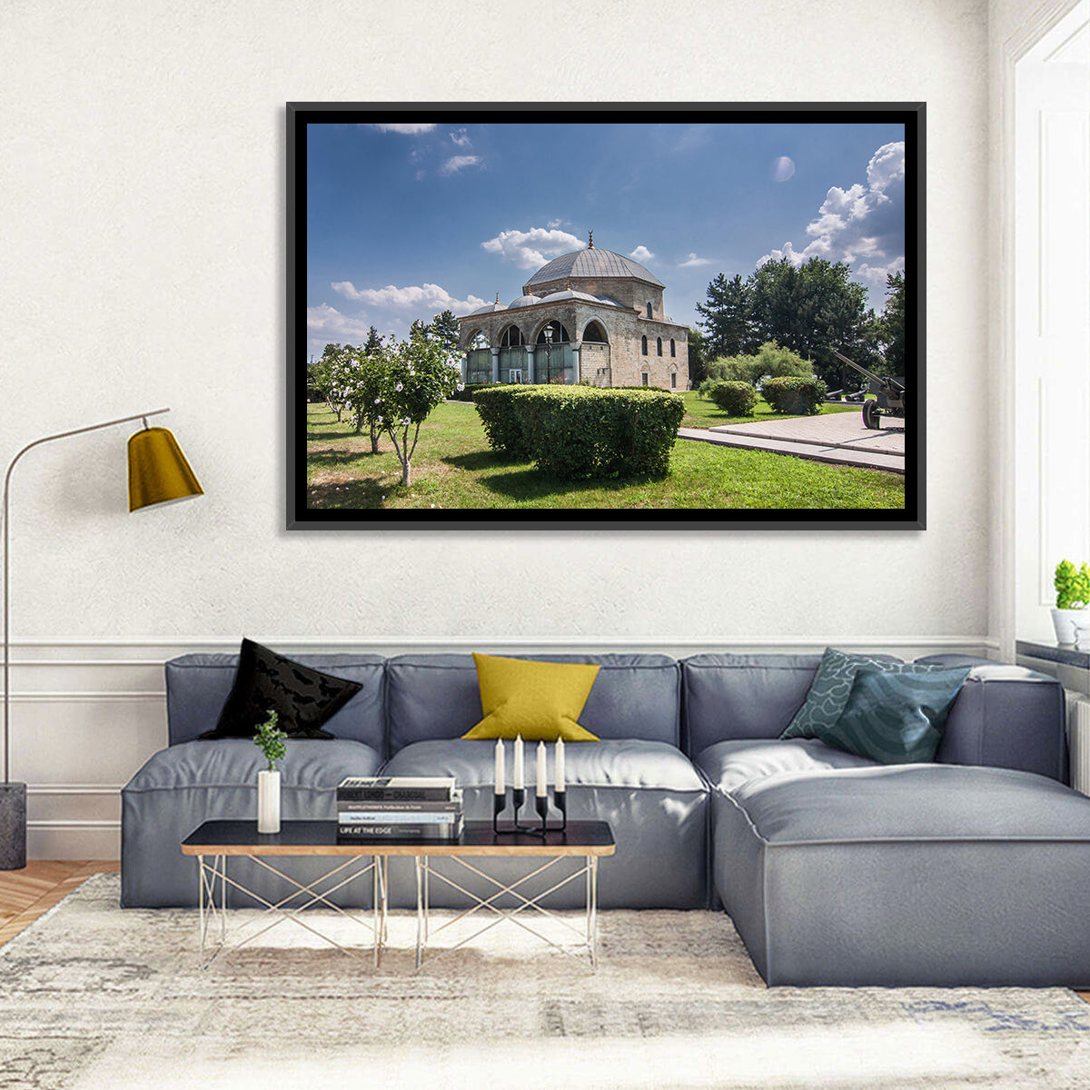 Sunlit Old Mosque in Izmail Wall Art in a room, landscape