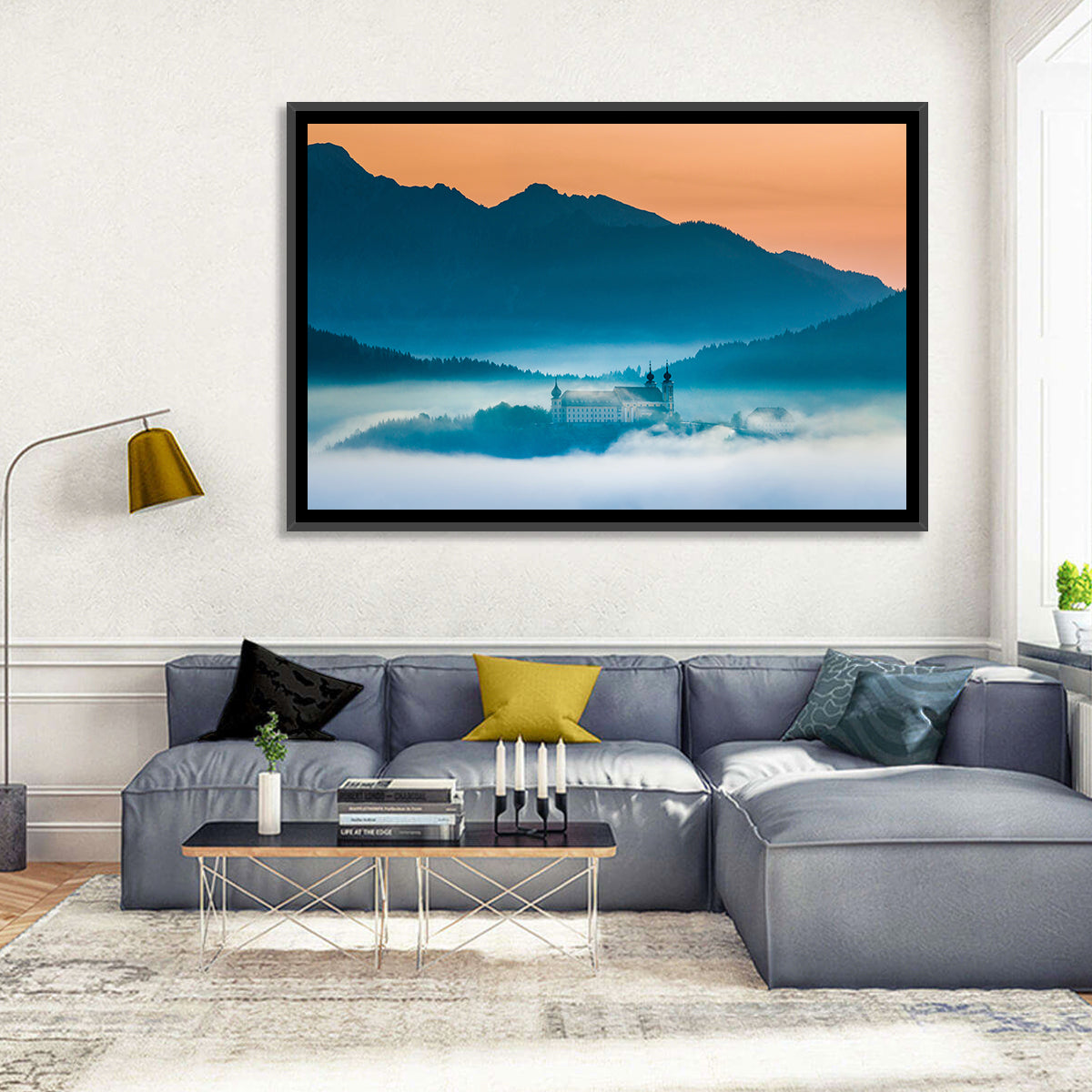 Benediktbeuern Abbey in Morning Fog Wall Art in a room, landscape
