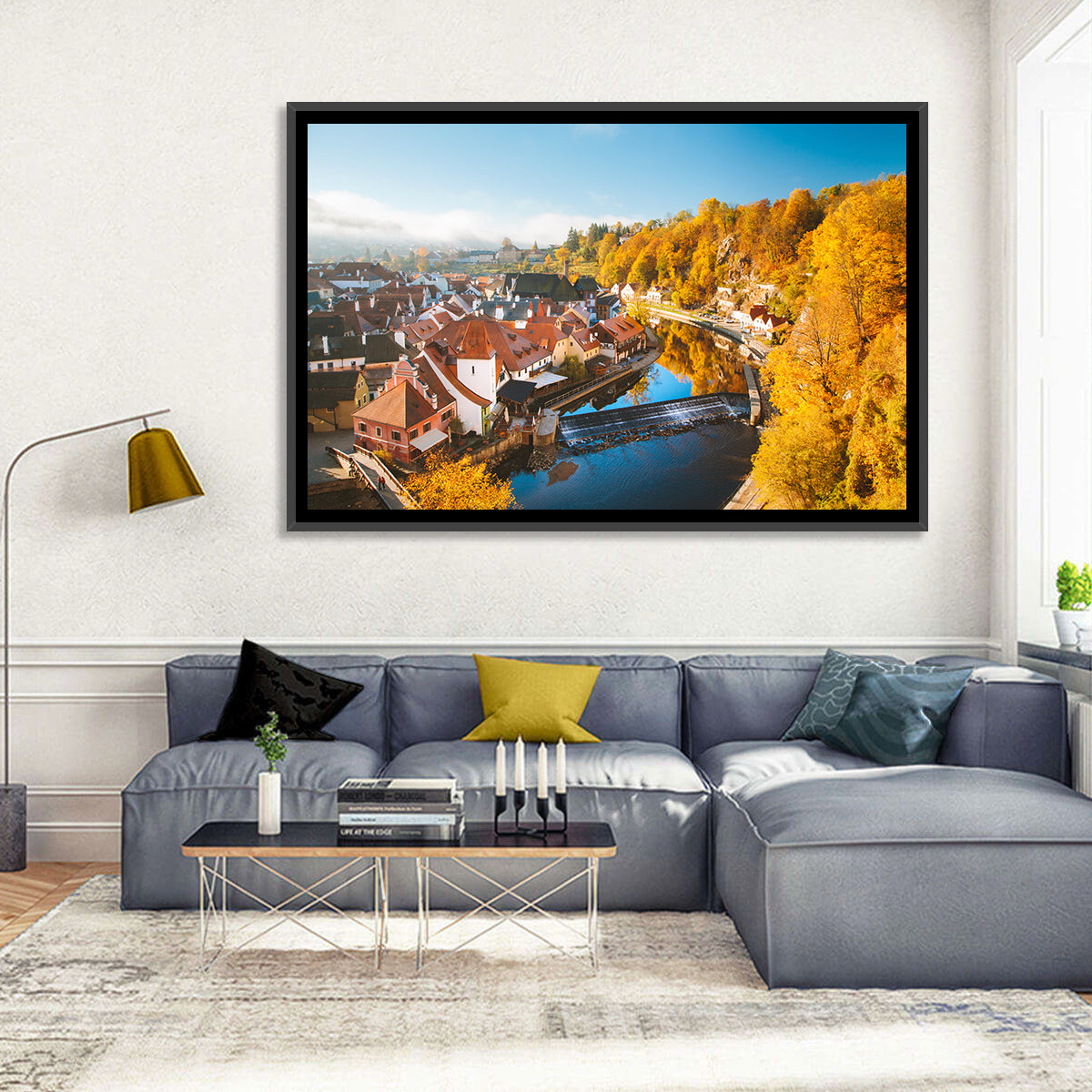 Český Krumlov River Weir in Autumn Wall Art in a room, landscape