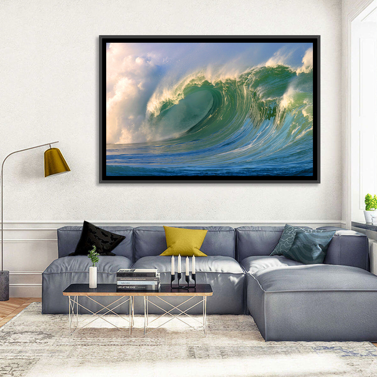 Golden Hour Barrel Wave Wall Art in a room, landscape