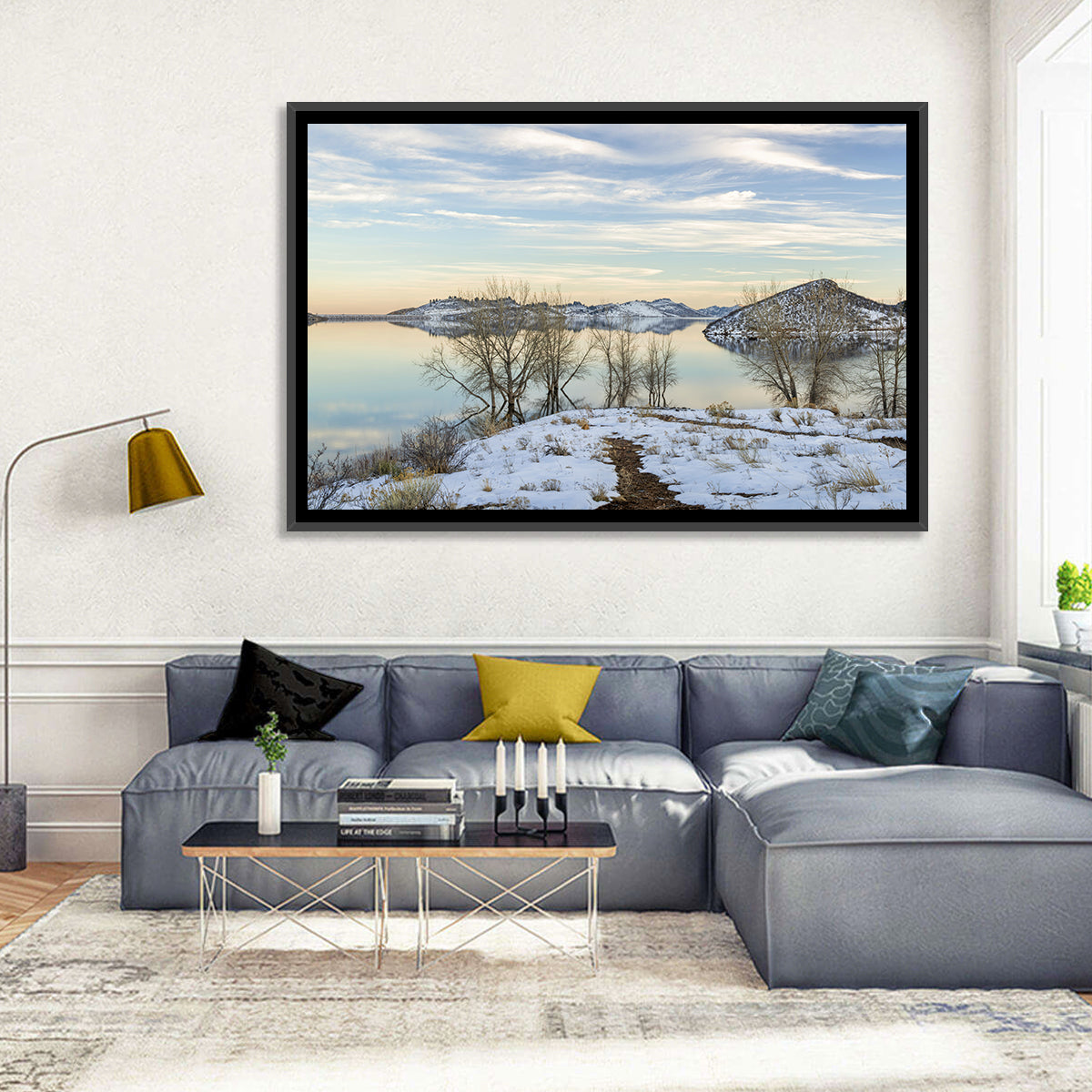 Horsetooth Reservoir Frozen Reflection Wall Art in a room, landscape
