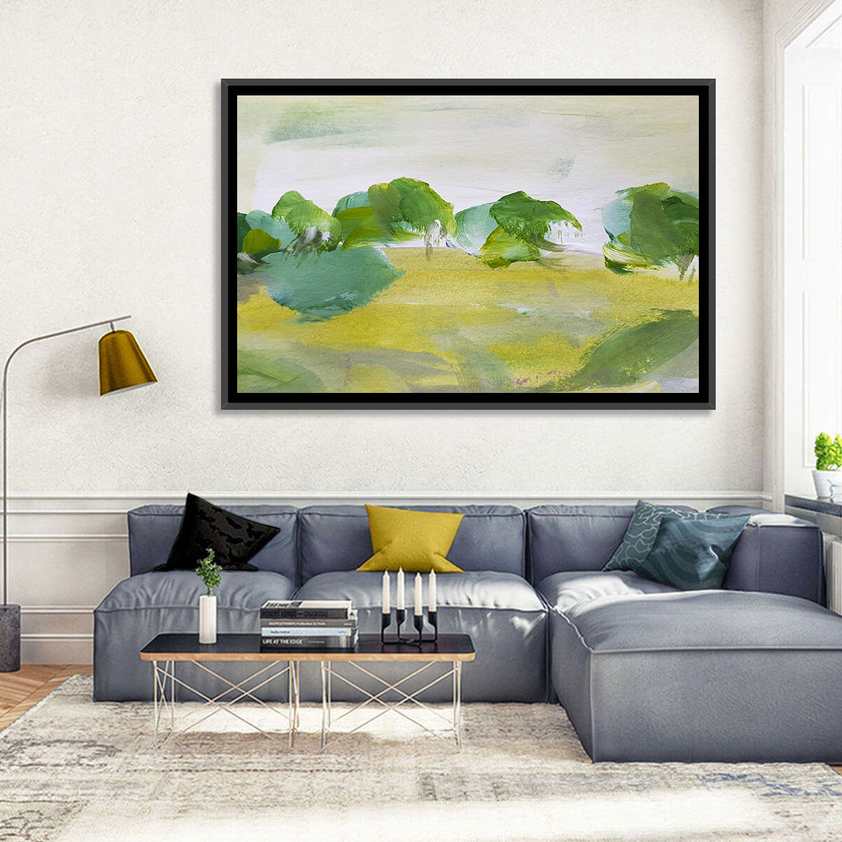 Rural Fields Abstract Wall Art in a room, landscape