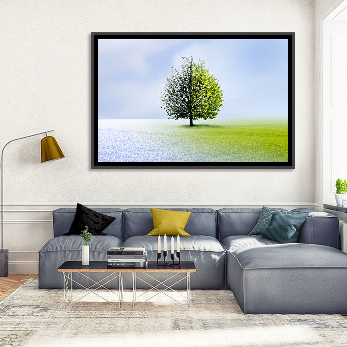 Winter to Spring Tree Wall Art in a room, landscape