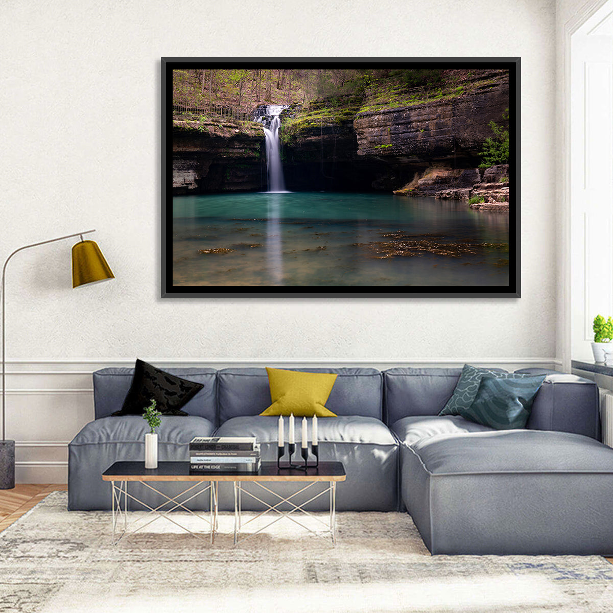 Mossy Cove Waterfall Wall Art in a room, landscape