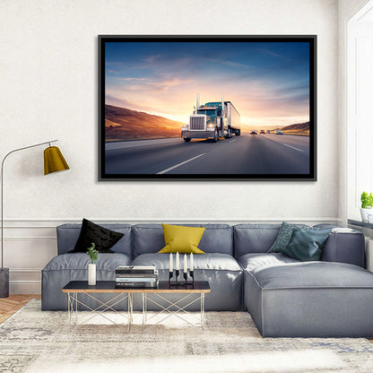 Semi Truck Highway Sunset Wall Art