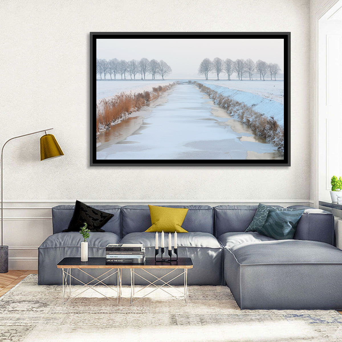 Frozen Canal with Bare Trees Wall Art in a room, landscape