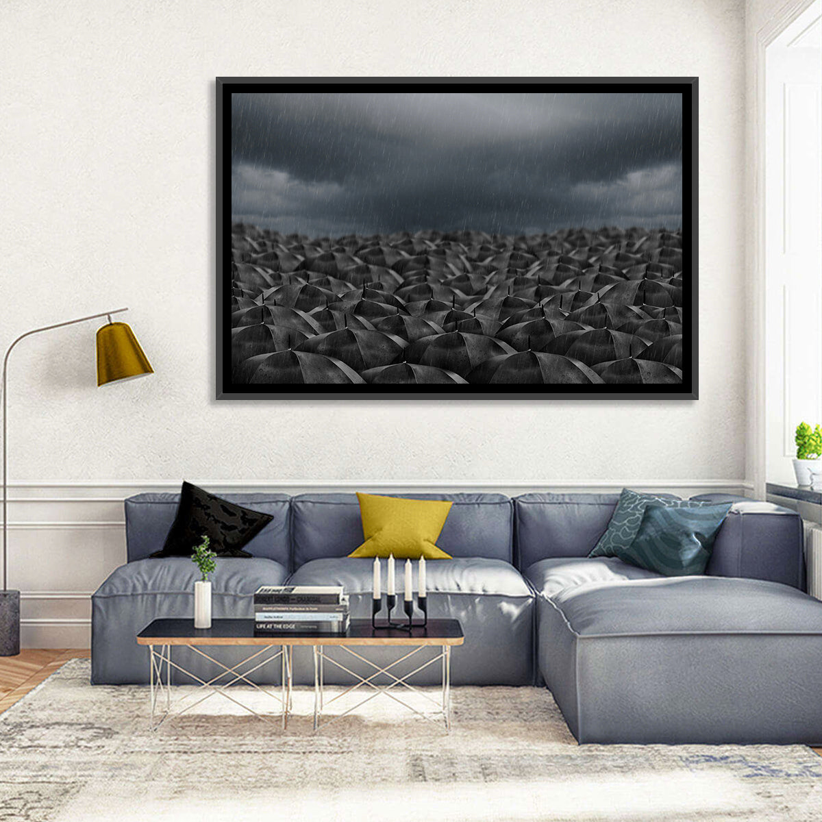 Clustered Umbrellas in Rain Wall Art in a room, landscape
