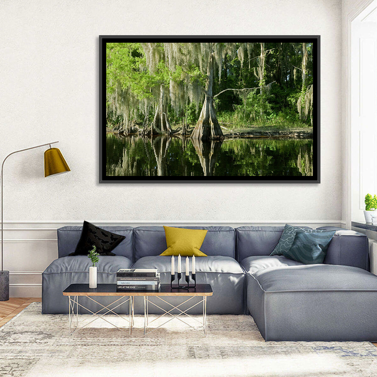 Bald Cypress and Great Blue Heron Wall Art in a room, landscape