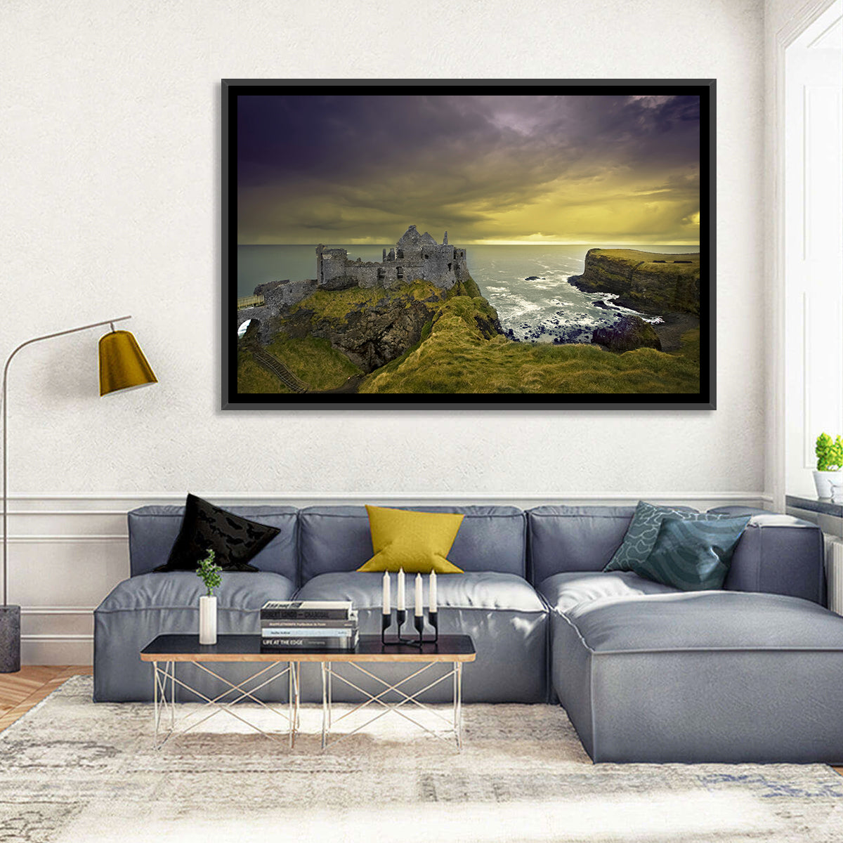 Dunluce Castle Ruins Wall Art in a room, landscape