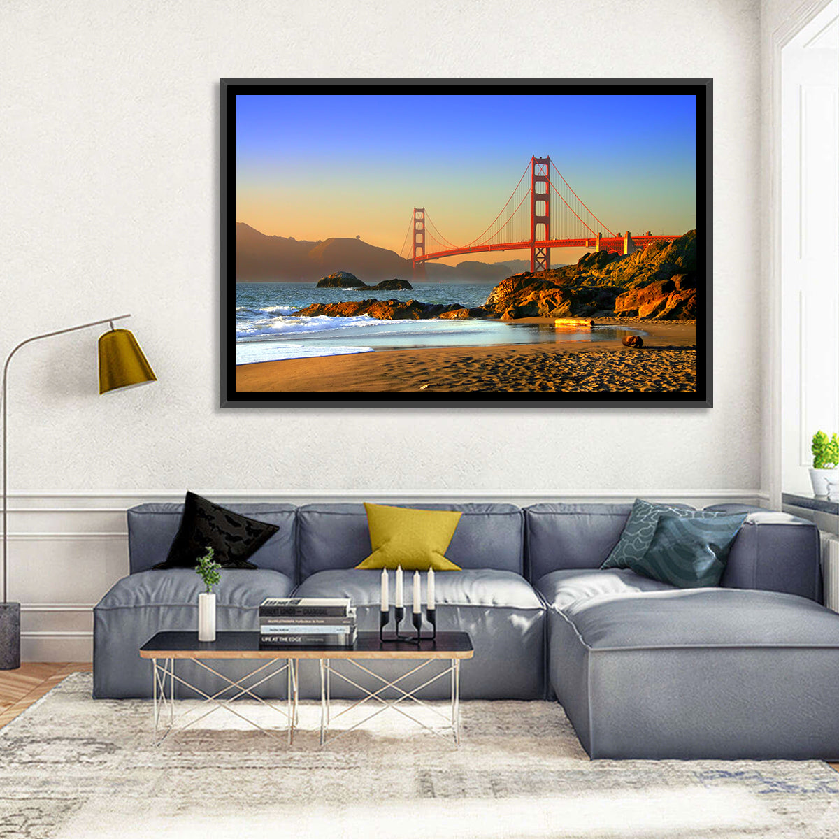 Golden Hour at the Golden Gate Bridge Wall Art in a room, landscape