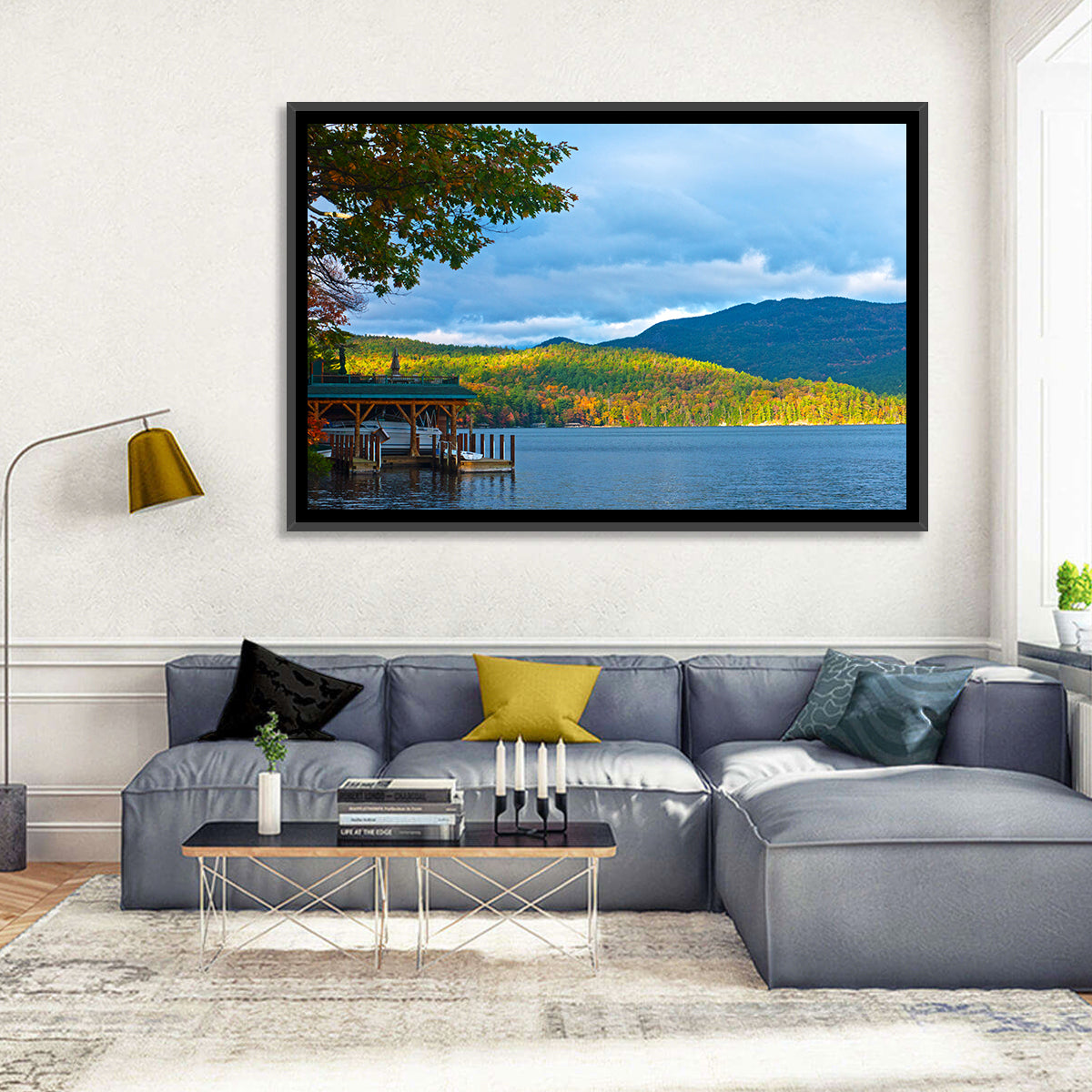Lake George Boathouse in Autumn Wall Art in a room, landscape