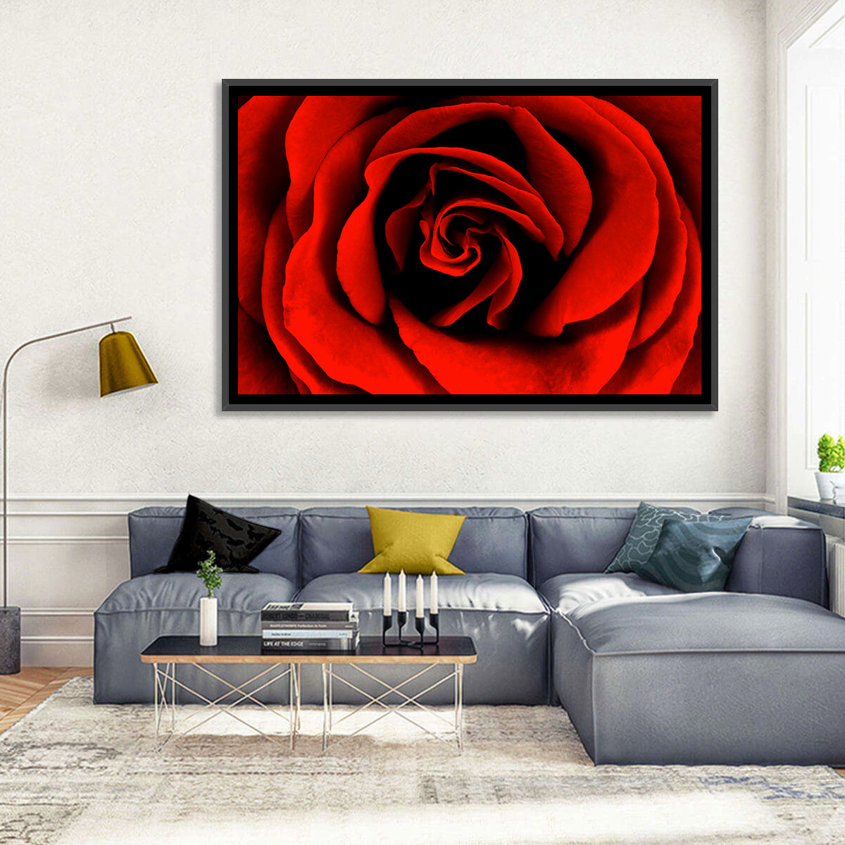 Velvety Red Rose Close-up Wall Art in a room, landscape