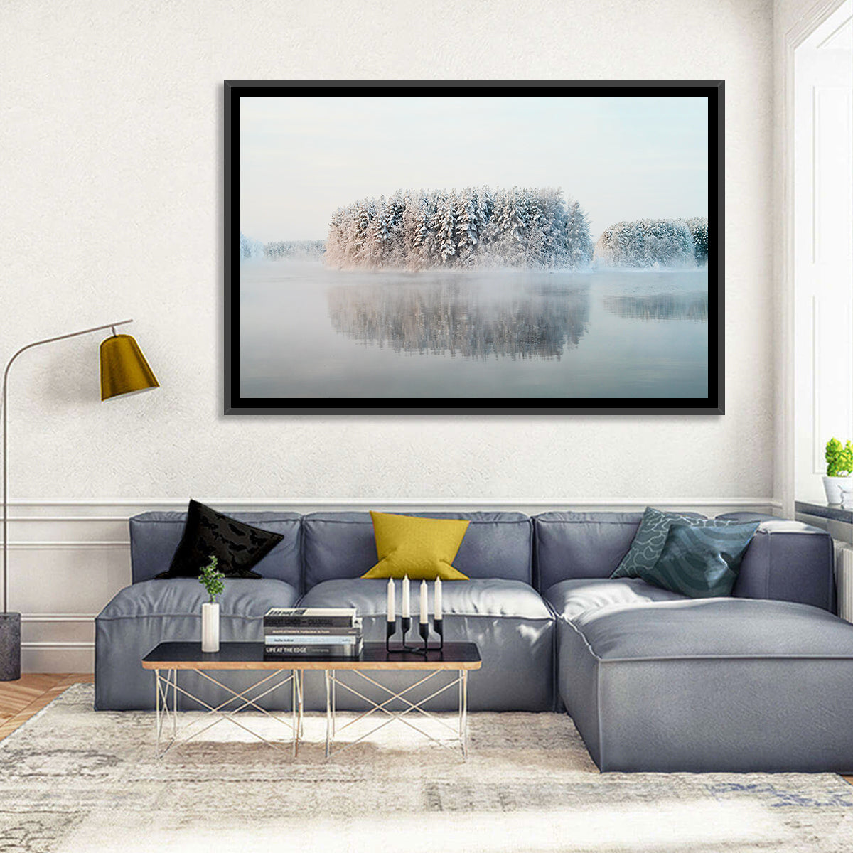 Misty Karelia Lake Wall Art in a room, landscape