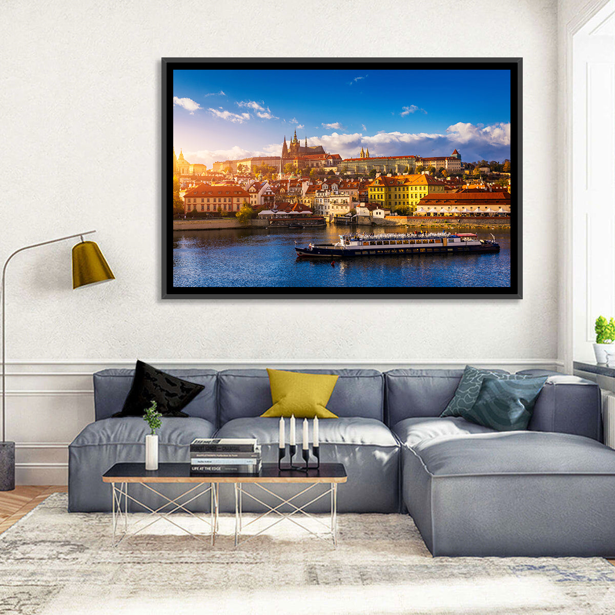 Prague Castle Golden Hour River View Wall Art in a room, landscape