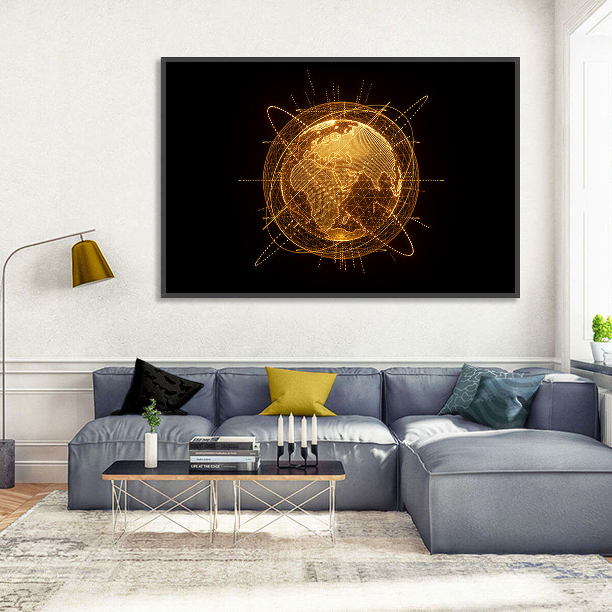 Golden Hologram Globe Wall Art in a room, landscape
