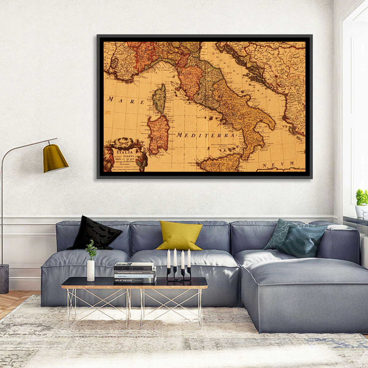 Antique Map of Italy with Ornate Cartouche Wall Art in a room, landscape