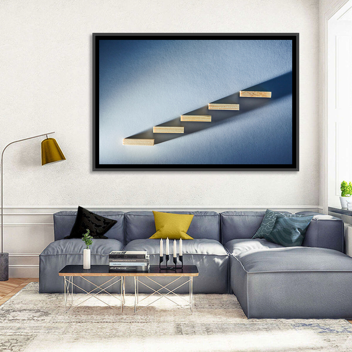 Five Wooden Steps Abstraction Wall Art in a room, landscape