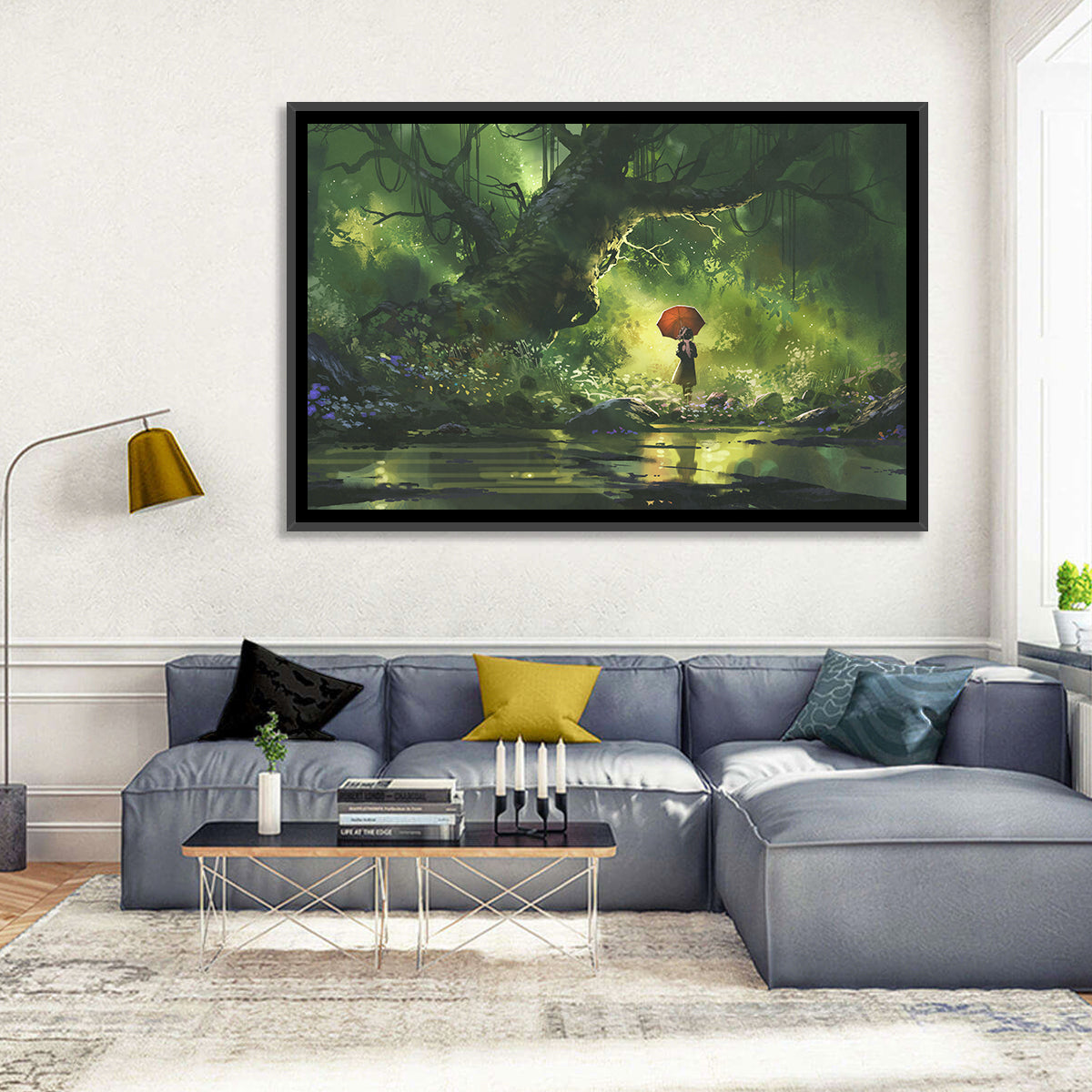 Girl with Umbrella in Mysterious Forest Wall Art