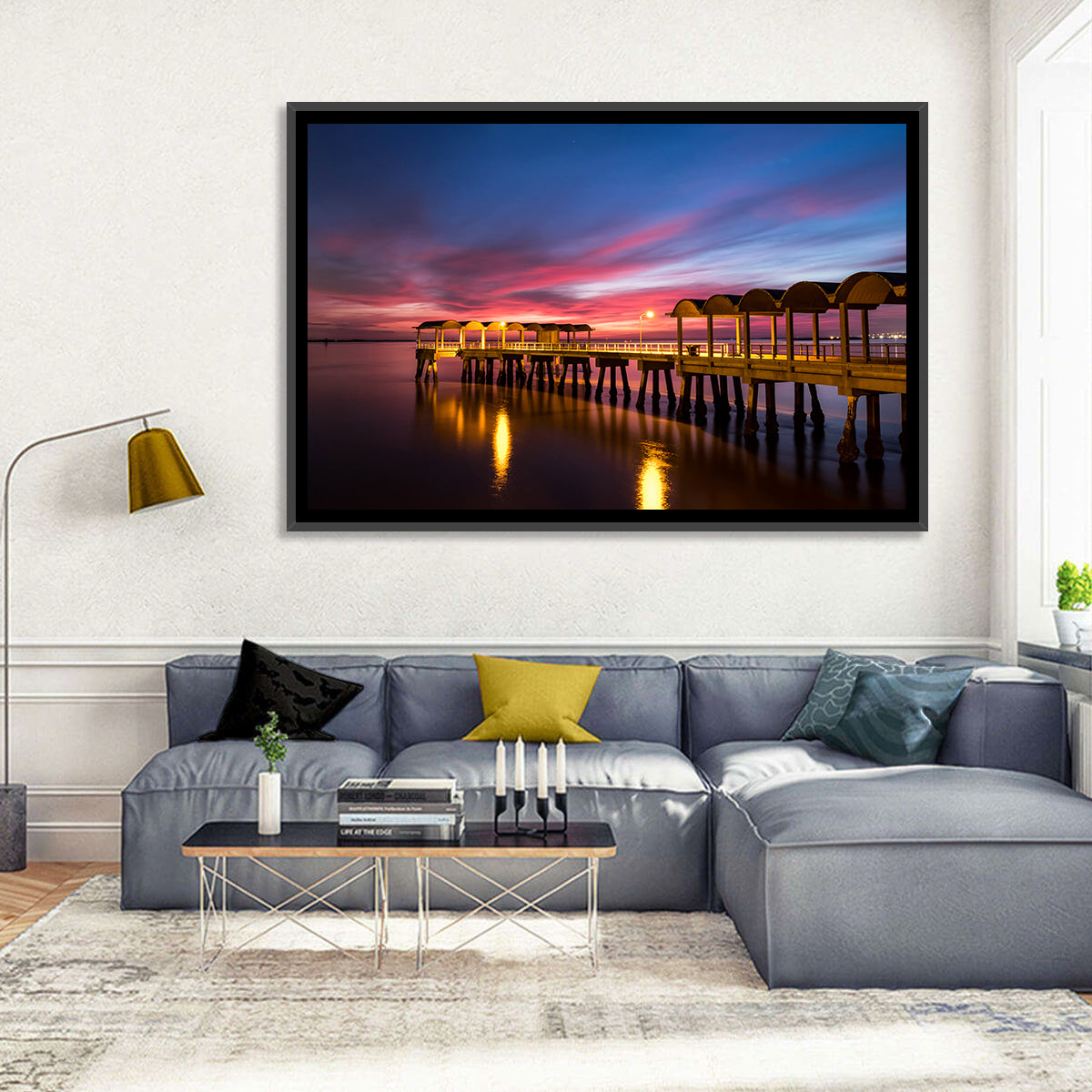 Twilight on Jekyll Island Pier Wall Art in a room, landscape