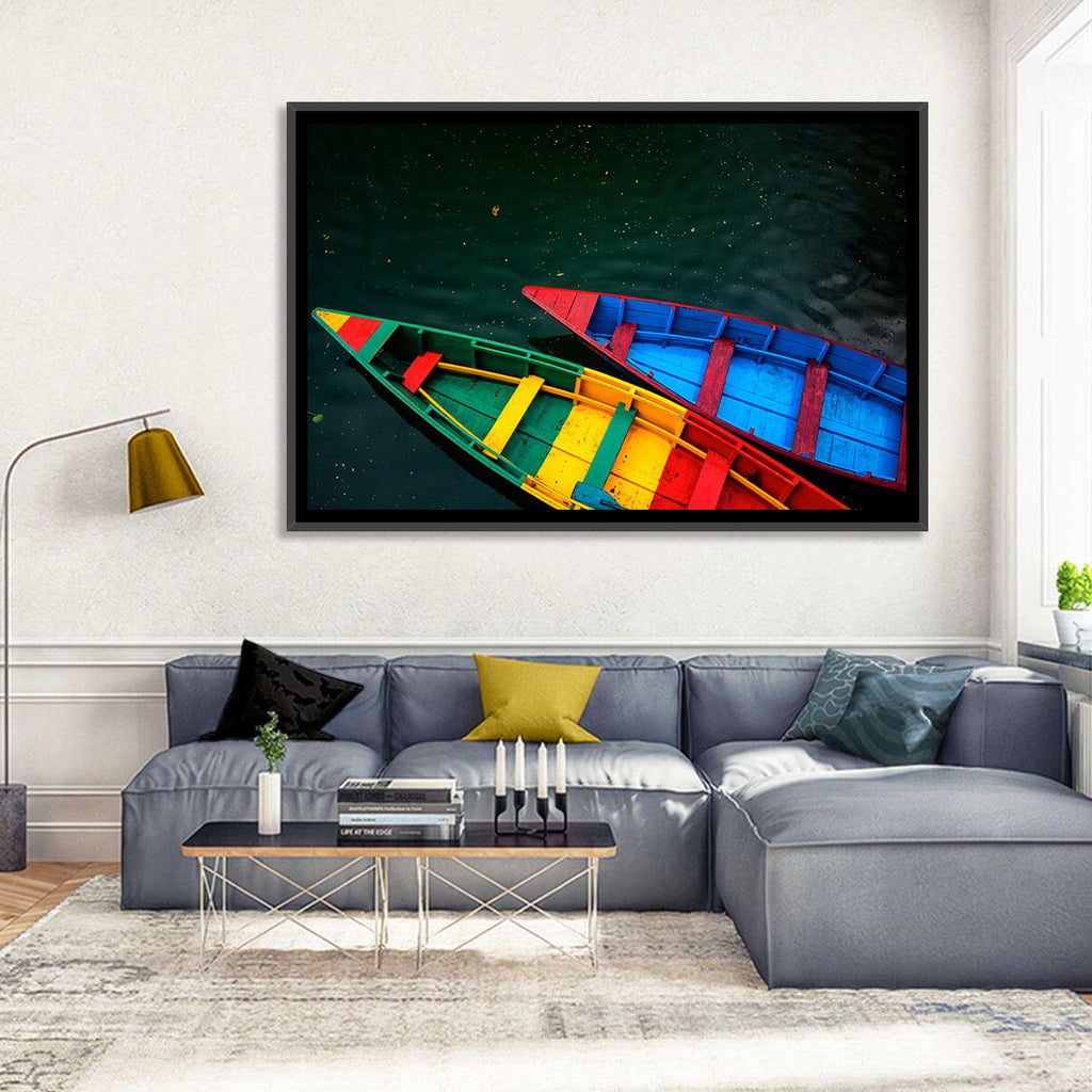 Two Colorful Boats Over Rippling Water Wall Art