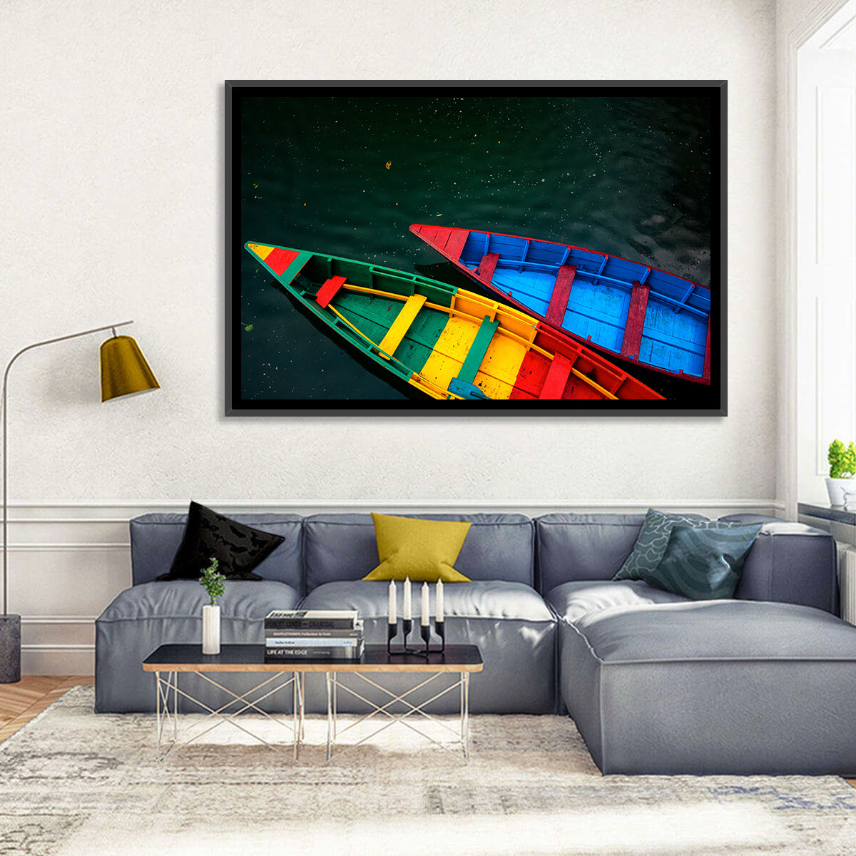 Two Colorful Boats Over Rippling Water Wall Art