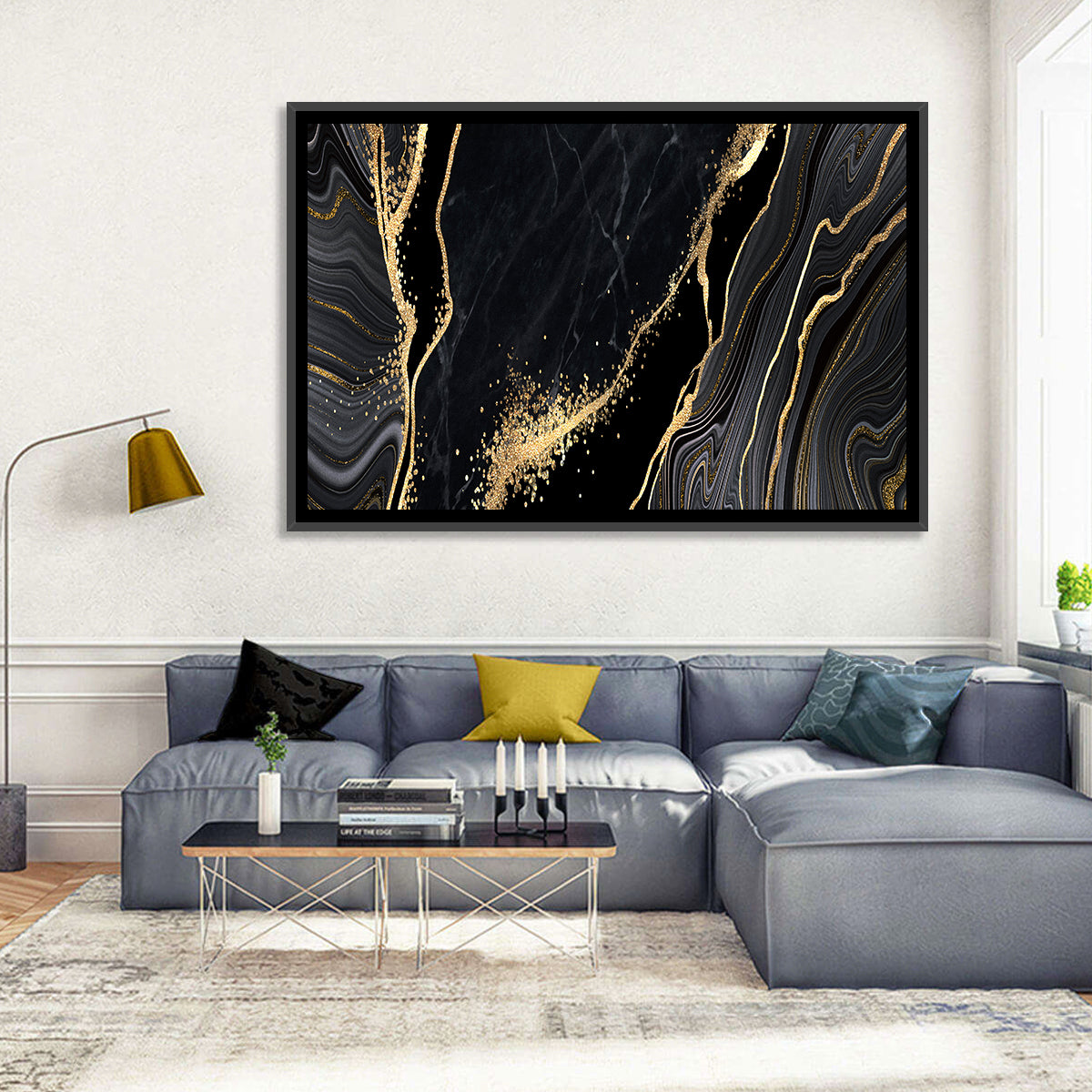 Diagonal Gold Veined Marble Wall Art in a room, landscape